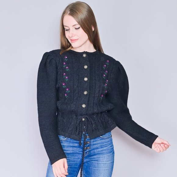 321. VINTAGE Trachtenmode Austrian Alps Grey Black Knit Wool Cardigan M - Picture 7 of 7